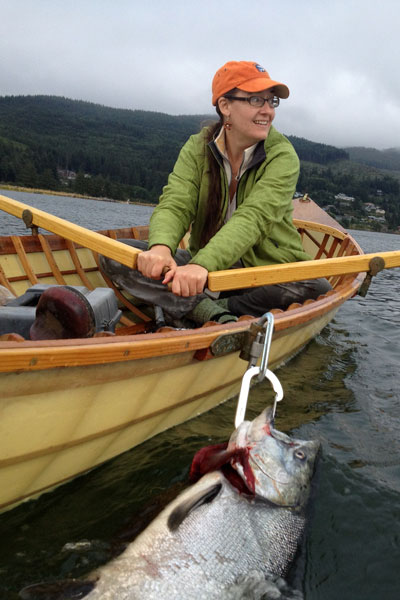 Salmon fishing in the skin on frame Adirondack Guideboat