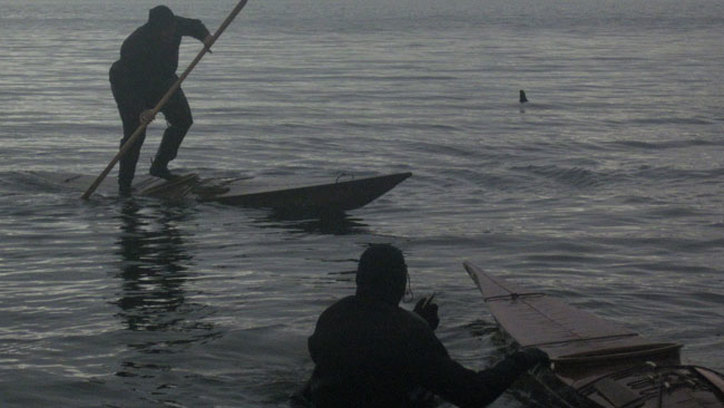 Paddling skin on frame kayaks off Orcas Island